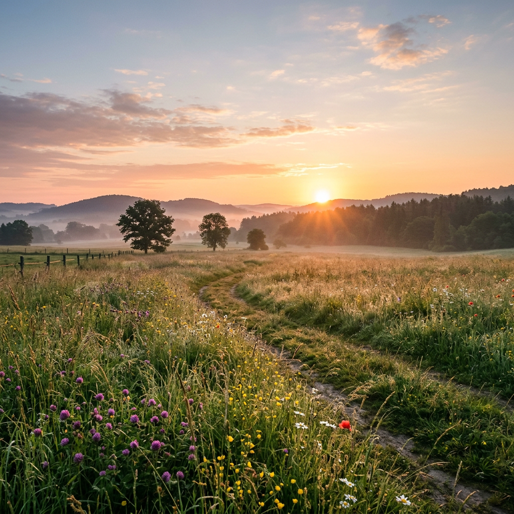 Sunrise over a meadow with a dirt path, wildflowers, and distant hills