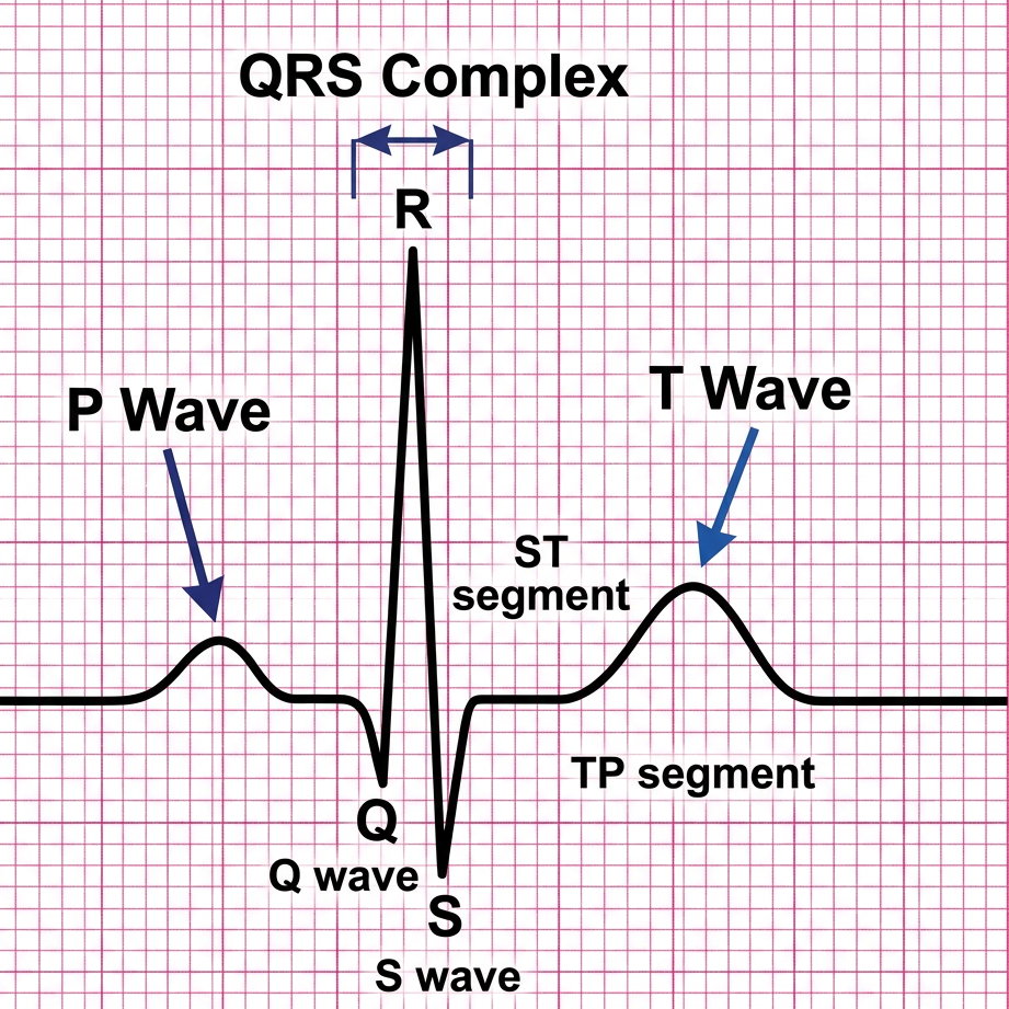 ECG waveform illustrating P wave, Q wave, R wave, S wave, T wave, QRS complex, ST segment, and TP segment with time and voltage scales